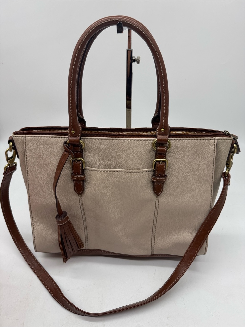 Tignanello Leather-Trim Beige Tote Bag with Tassel